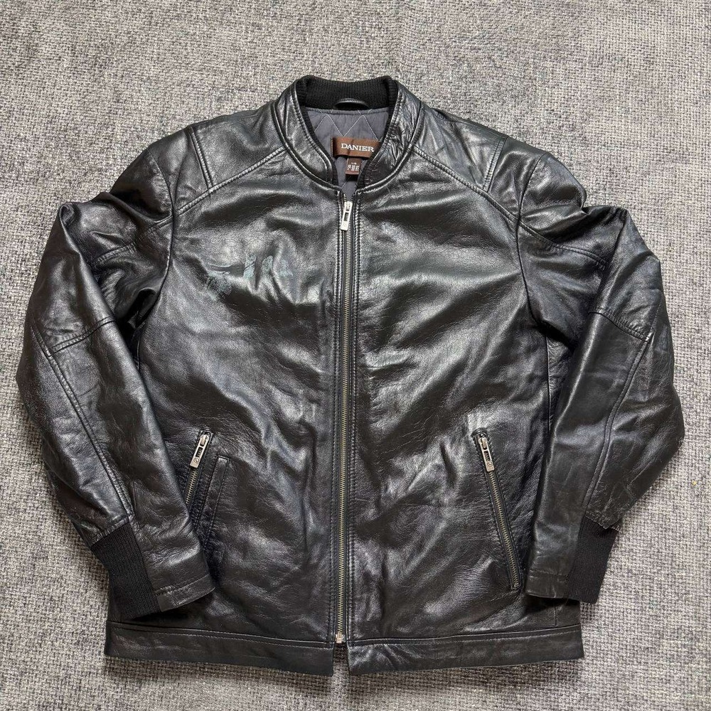 Danier Leather Bomber Jacket Mens L Black Zip Up Moto Y2K Gorpcore